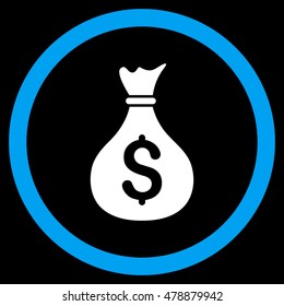 Money Bag vector bicolor rounded icon. Image style is a flat icon symbol inside a circle, blue and white colors, black background.