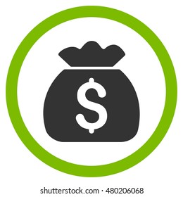 Money Bag vector bicolor rounded icon. Image style is a flat icon symbol inside a circle, eco green and gray colors, white background.