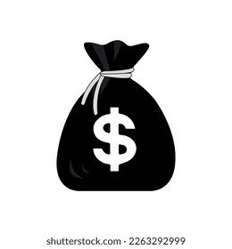 Money bag vector black icon, flat simple cartoon illustration with white shoelace and dollar sign isolated on white background