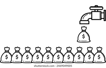 El Vector de la bolsa de dinero que fluye de un grifo. Representación de un concepto de negocio, inversión e ingresos pasivos.	
