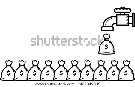 Money Bag Vector Flowing Out of a Faucet. Depicting a concept of business, investment, and passive income.	
