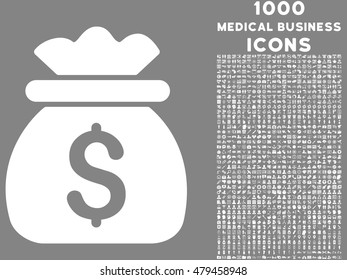 Money Bag vector icon with 1000 medical business icons. Set style is flat pictograms, white color, gray background.