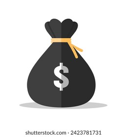 Icono vectorial de bolsa de dinero con el logo del dólar aislado en fondo blanco. Adecuado para íconos de negocio, finanzas, pagos y riqueza.
