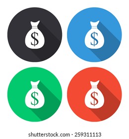 money bag vector icon with dollar sign - colored(gray, blue, green, red) round buttons with long shadow