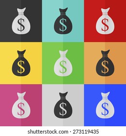 Money bag vector icon with dollar sign - colored set. Flat design