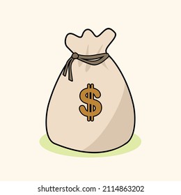 Icono vectorial de bolsa de dinero, ilustración de caricatura plana simple con zapatos marrones y signo de dólar aislados en fondo de luz