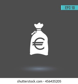 Money bag vector icon.  Graphic symbol for web design, logo. White glyph on a gray background. Isolated sign.