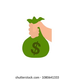 Money bag vector icon, moneybag flat simple cartoon illustration with black drawstring and dollar sign isolated on white background