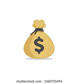 Money bag vector icon, moneybag flat simple cartoon illustration with black drawstring and dollar sign isolated on white background. Business cost concept. Vector Illustration