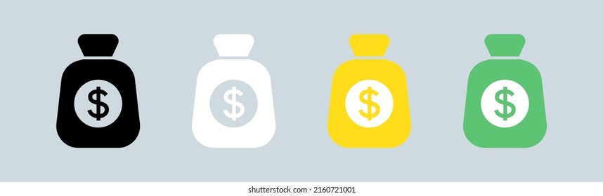 Money bag vector icon set in black and white colors. Coin sack sign business concept.
