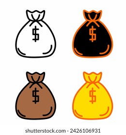 Money bag vector Icon set, flat mono line cartoon illustration of money sack with dollar sign isolated on white background.