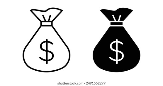 Money bag vector icon set in black color.