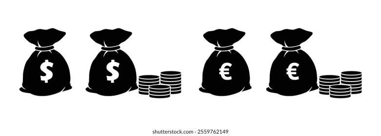 Money bag vector icon set. Money bag with dollar and euro sign.