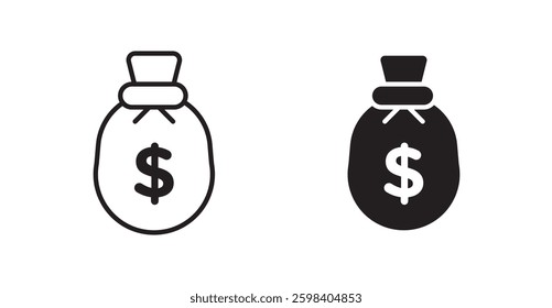Money bag vector icon set in black color.