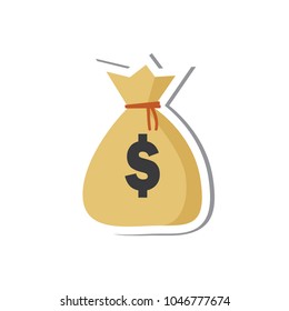 Money bag vector icon with shadow, moneybag flat simple cartoon illustration and dollar sign isolated on white background