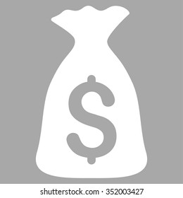 Money Bag vector icon. Style is flat symbol, white color, rounded angles, silver background.
