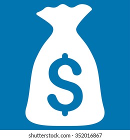 Money Bag vector icon. Style is flat symbol, white color, rounded angles, blue background.