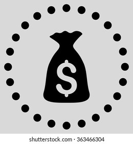 Money Bag vector icon. Style is flat circled symbol, black color, rounded angles, light gray background.