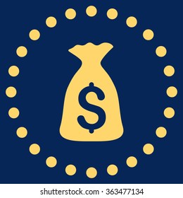 Money Bag vector icon. Style is flat circled symbol, yellow color, rounded angles, blue background.