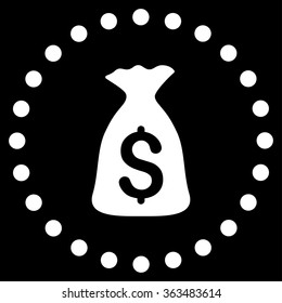 Money Bag vector icon. Style is flat circled symbol, white color, rounded angles, black background.
