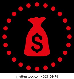 Money Bag vector icon. Style is flat circled symbol, red color, rounded angles, black background.