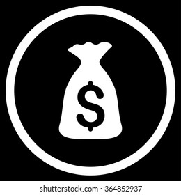 Money Bag vector icon. Style is flat circled symbol, white color, rounded angles, black background.