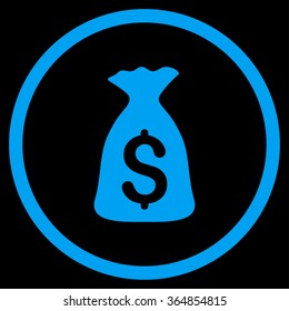 Money Bag vector icon. Style is flat circled symbol, blue color, rounded angles, black background.