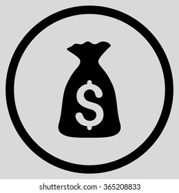 Money Bag vector icon. Style is flat circled symbol, black color, rounded angles, light gray background.
