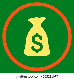 Money Bag vector icon. Style is bicolor flat circled symbol, orange and yellow colors, rounded angles, green background.