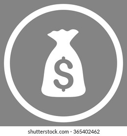 Money Bag vector icon. Style is flat circled symbol, white color, rounded angles, gray background.