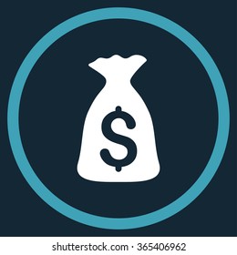 Money Bag vector icon. Style is bicolor flat circled symbol, blue and white colors, rounded angles, dark blue background.