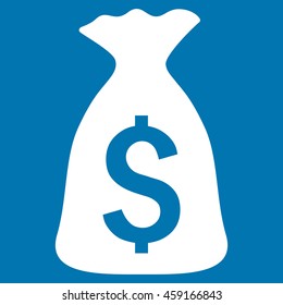Money Bag vector icon. Style is flat symbol, white color, blue background.