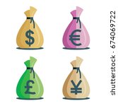 Money bag vector icons  illustration set.
Money Bag flat simple cartoon illustration with dollar, euro, pound and yen sign isolated on white background.