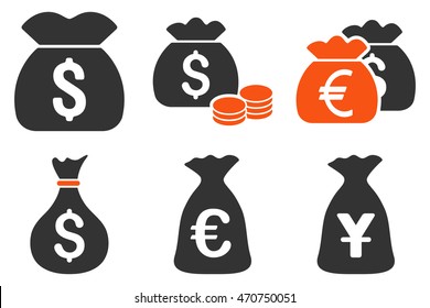 Money Bag vector icons. Pictogram style is bicolor orange and gray flat icons with rounded angles on a white background.