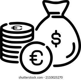Money bag vector illustration. Dollar and Euro coins, Money bag icon. Part of the financial icon set