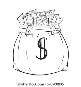 Money Bag Vector On White Background.Money Bag Sketch By Hand Drawing.