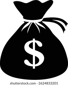 Money bag vector shows a black sack tied with rope, featuring a prominent white dollar sign against a clear, simple white background offering business or finance applications.
