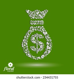 Money bag vector stylized icon, floral banking theme icon. Business and economics conceptual illustration.