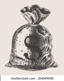 Money Bag Vintage Engraved Illustration, Hand Drawn, Sketch