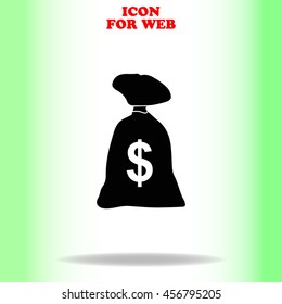 Money bag web icon. Black illustration on white background