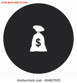 Money bag web icon. Gray circle button with white illustration.