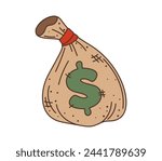 Money bag wild west western groovy item. Isolated vector sturdy canvas sack, used to carry coins or banknotes, marked with a dollar sign. Retro vintage nostalgic style game asset with american cash