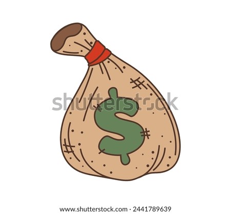 Money bag wild west western groovy item. Isolated vector sturdy canvas sack, used to carry coins or banknotes, marked with a dollar sign. Retro vintage nostalgic style game asset with american cash