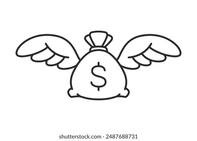 Money bag with wings Icon. Moneybag with dollar sign. Vector stroke line icon illustration on isolated white background.