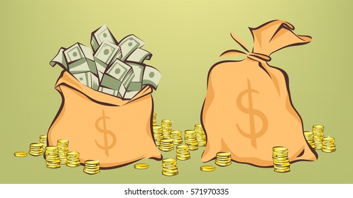 Money bags with bunches of dollars, coins stacks beside, opened and closed pouches, cartoon style,  isolated vector illustration