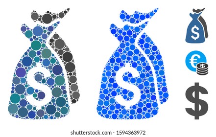 Money bags composition of circle elements in various sizes and shades, based on money bags icon. Vector round elements are united into blue composition.