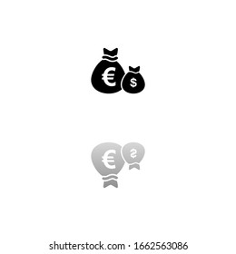 Money Bags with currency symbols. Black symbol on white background. Simple illustration. Flat Vector Icon. Mirror Reflection Shadow. Can be used in logo, web, mobile and UI UX project