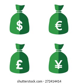 Money Bags with currency symbols . Flat icon , 