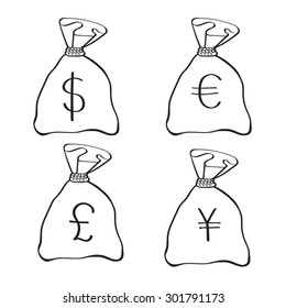 Money Bags With Currency Symbols Hand Drawn Doodle Style Vector.