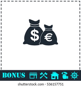 Money Bags with currency symbols icon flat. Simple vector symbol and bonus icon